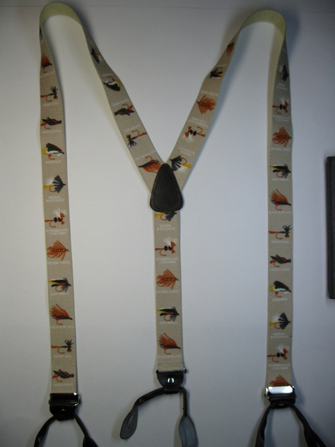 FISHING FLIES BEIGE BACKGROUND Button On.1 1/2"x 54" "Y" STYLE LEATHER ENDS SUSPENDERS. YB-PB130N54FLBE